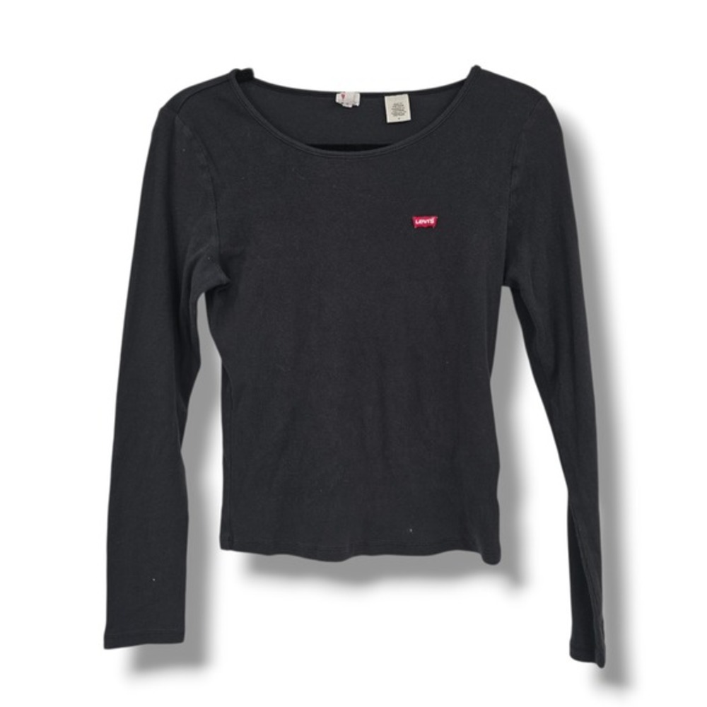 Levis Womens Rib Knit Long Sleeve Scoop Neck‎ Top Gray Red Batwing Logo Medium